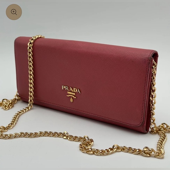Prada Pink Saffiano Long Wallet with Generic Gold Crossbody Chain - Picture 6 of 16